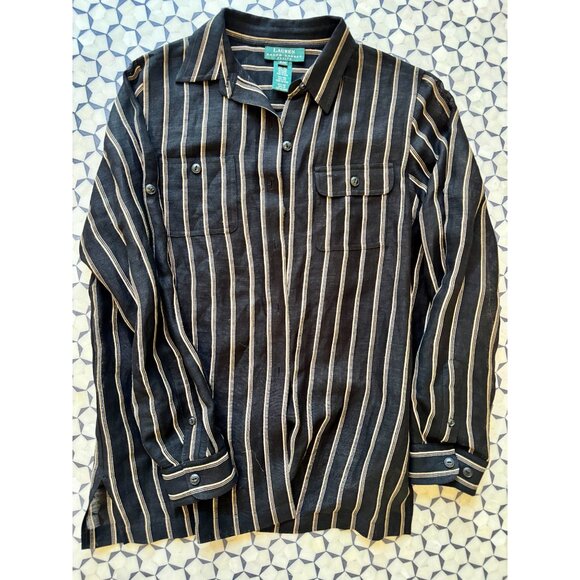 Lauren Ralph Lauren Petite Medium Black & White Striped Shirt Silk & Linen - Picture 1 of 4